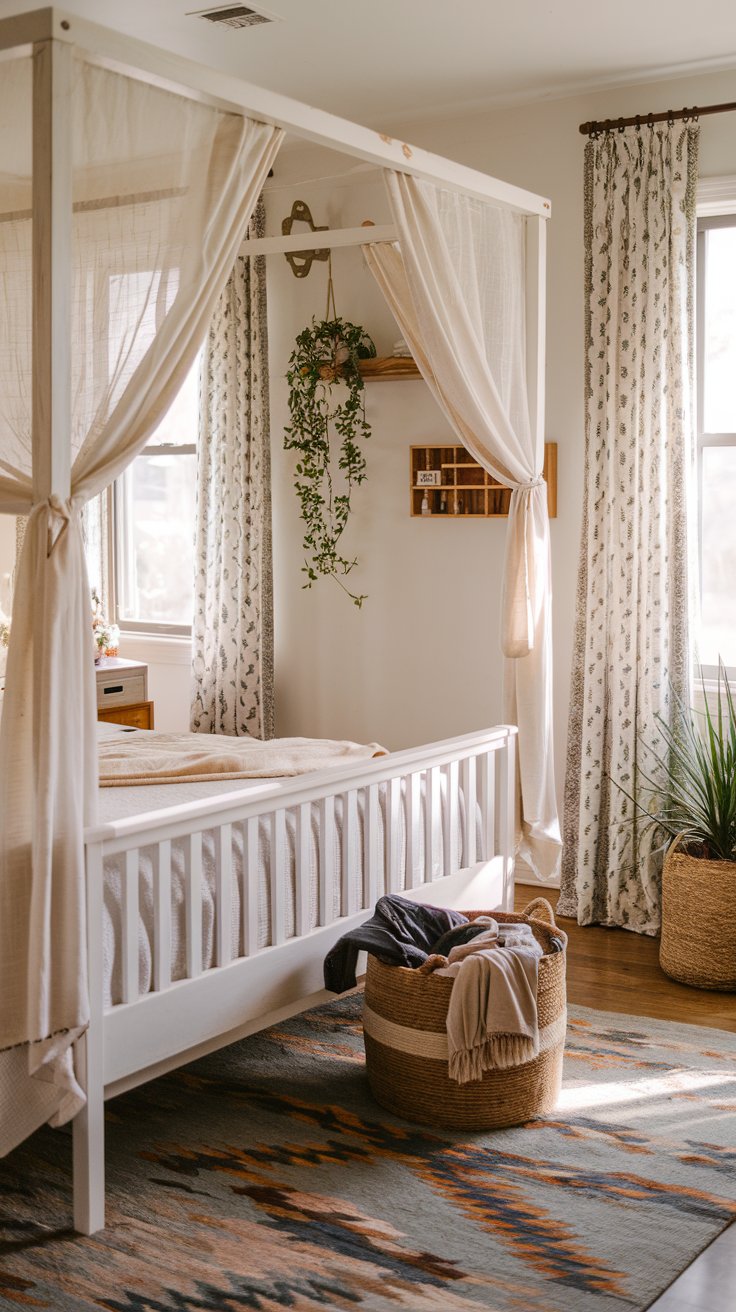 A photo of a charming farmhouse boho bedroom with a white wooden bed frame, a patterned rug, and a few decorative items. The room has sheer curtains layered with heavier drapes for added dimension. There is a basket on the floor filled with clothes. The walls are adorned with a wooden shelf and a hanging plant. The room has lovely natural light.