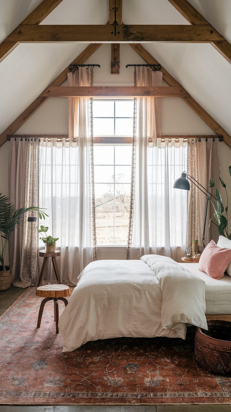 A photo of a charming farmhouse boho bedroom with a cozy ambiance. The room has a high ceiling, wooden beams, and a sloped roof. There's a queen-size bed with a white duvet and a pink pillow. Next to the bed, there's a black lamp and a wooden lamp. The room has a large window with sheer curtains layered with heavier drapes for added dimension. The floor is covered with a large, patterned rug. There are also a wooden stool, a plant, and a vintage basket in the room.