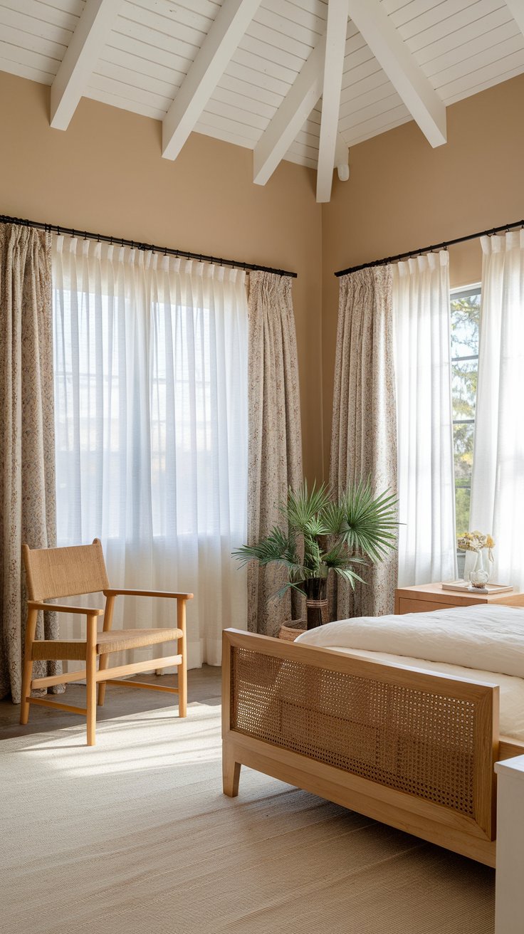 A photo of a charming farmhouse-style boho bedroom with a high ceiling. There is a wooden bed with a woven pattern and a white duvet. The room has a white nightstand on one side of the bed. There is a wooden chair in the corner next to a potted plant. The walls are painted beige. There are layered sheer curtains and heavier drapes on the windows. The floor has a beige rug. The room has lovely natural light.