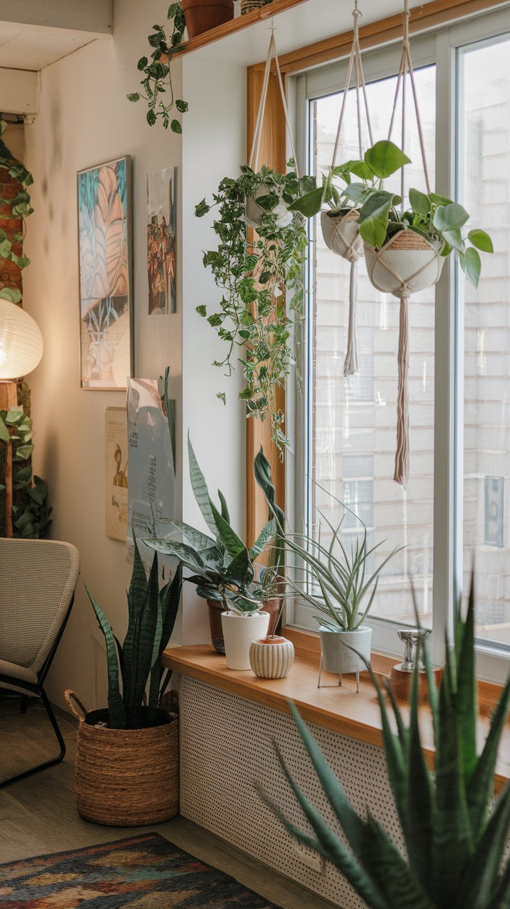 A photo of a charming room with a cozy atmosphere. There's a window with hanging plants in front of it. The plants are pothos and succulents, and they are hanging from a wooden frame. The room has a wooden shelf near the window, with a few decorative items on it. The floor is covered with a rug. The walls have some artwork and a lamp. There's a chair in the room.