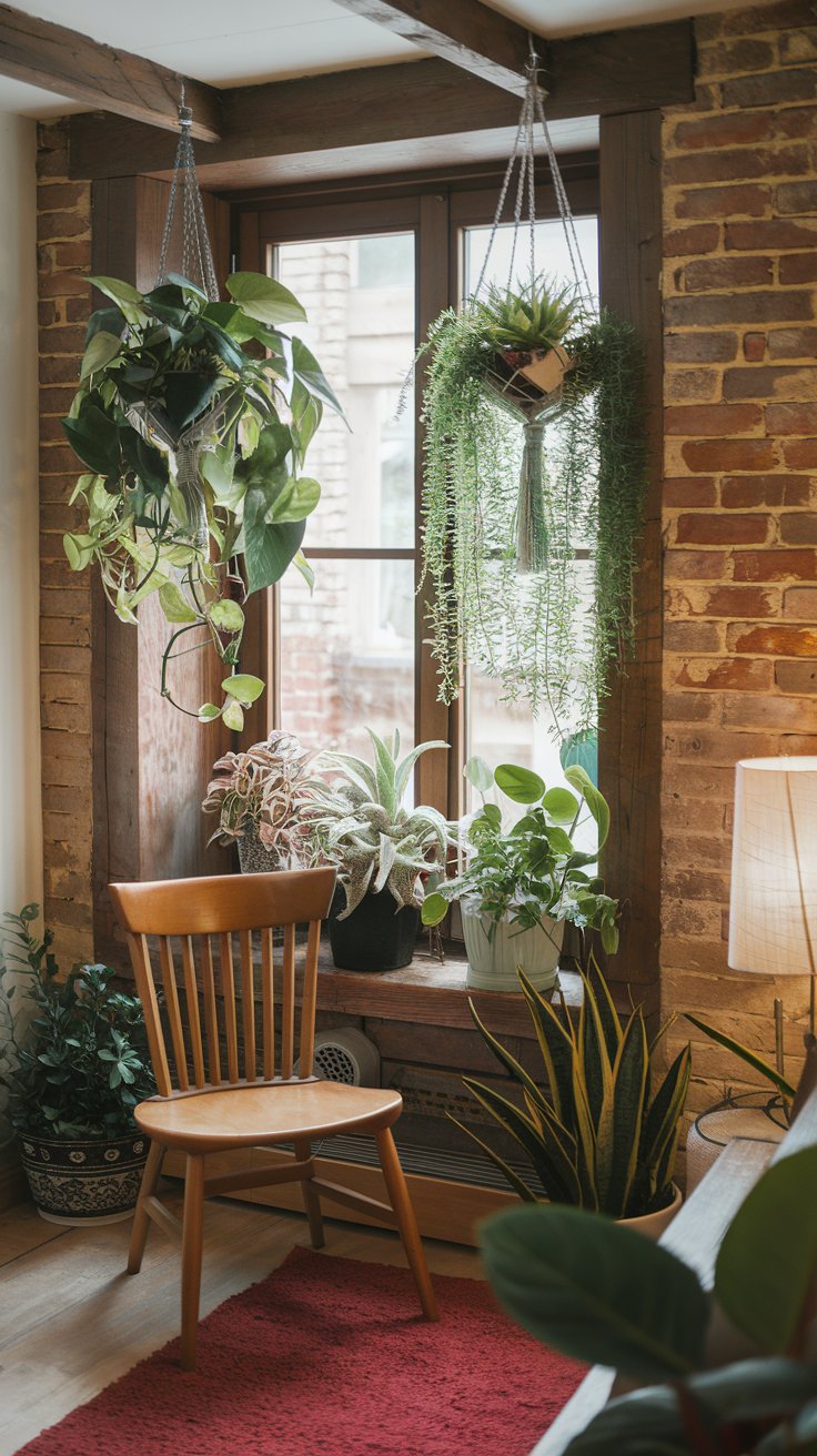 A photo of a charming room with a cozy vibe. There's a wooden chair and a red rug near the window. Hanging plants frame the window, adding a touch of greenery and life to the room. The plants are pothos and succulents, chosen for their low-maintenance nature. The room has a rustic charm, with exposed brick walls and wooden beams. The window has a small ledge where the plants sit. There's a lamp on the floor near the chair.