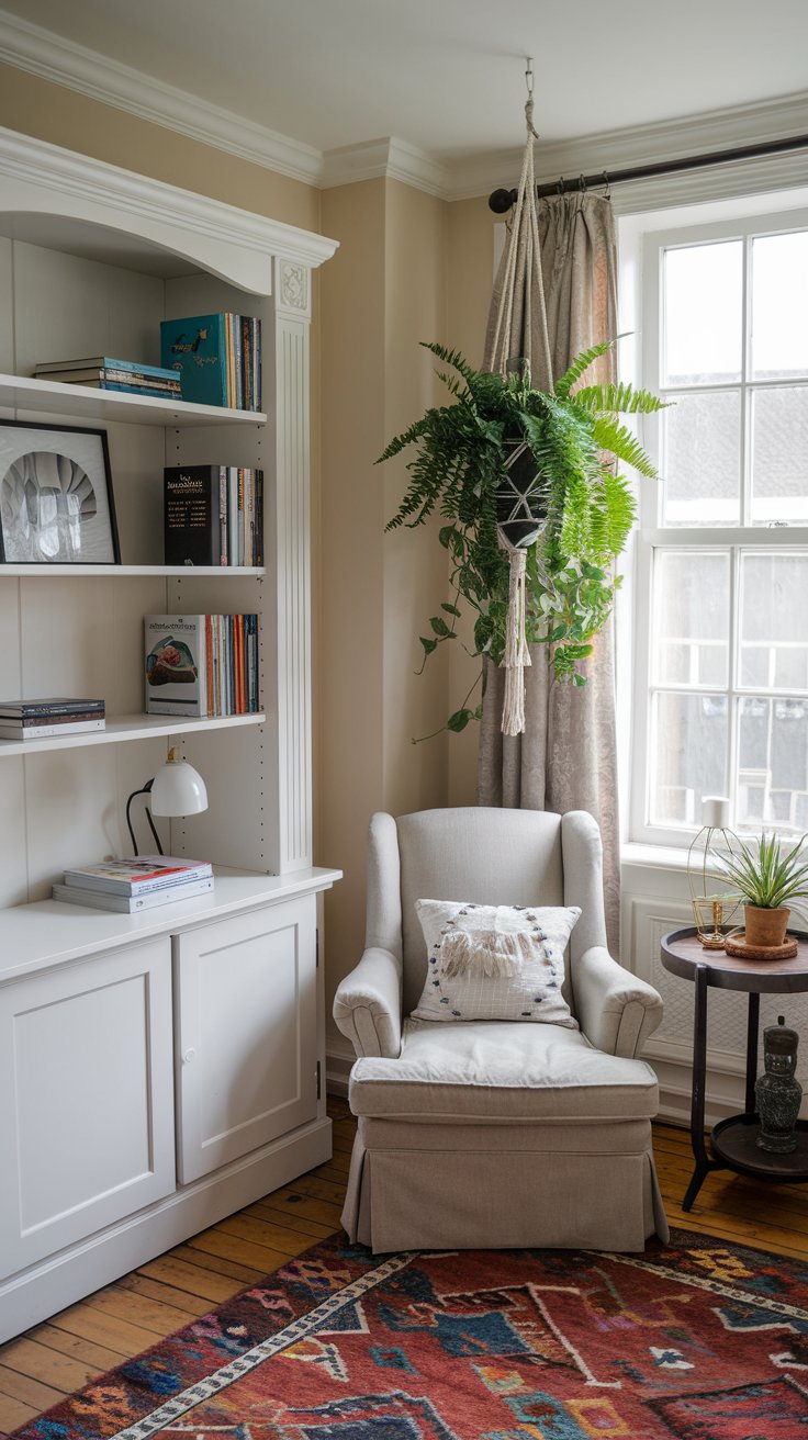 A photo of a charming room with a white bookshelf, a cozy armchair, and a small table. There's a hanging plant in front of the window. The room has a wooden floor and a patterned rug. There are books and a lamp on the bookshelf. The armchair has a soft cushion. The table has a potted plant and a decorative object. The window has curtains. The walls are painted beige.