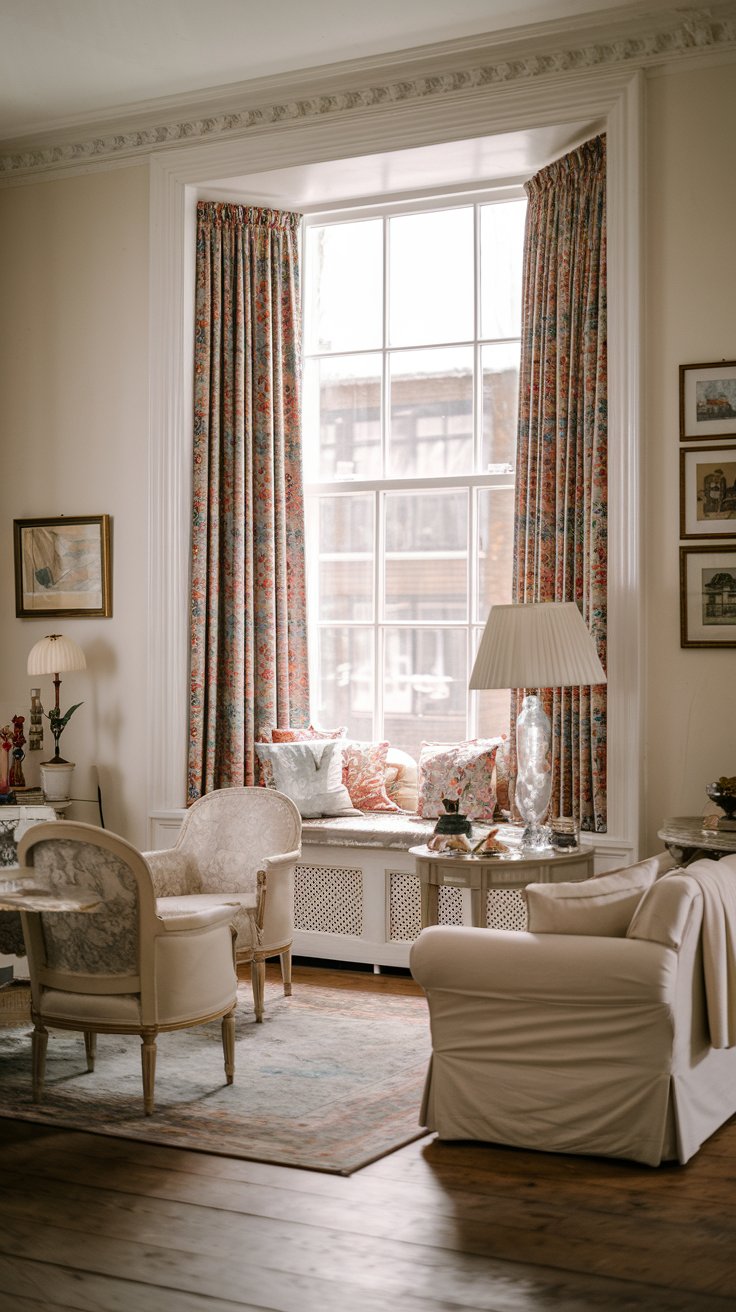A photo of a charming Victorian ivory white living room. The room features a large window framed with colorful fabric, which adds a pop of color to the space. The room also contains a sofa, a chair, a table, and a lamp. The floor is made of wood.
