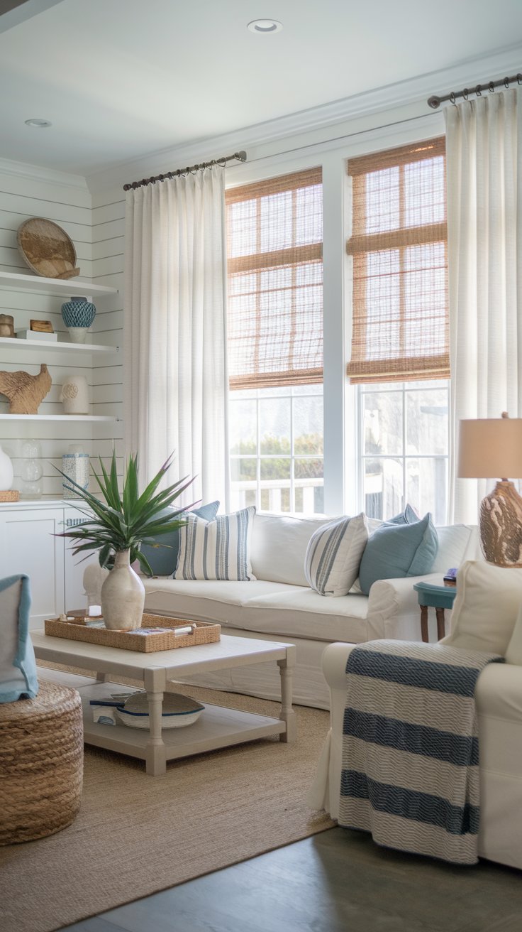 A photo of a coastal-decor living room with a large window. The window has Shiplap trim and is covered with sheer curtains or natural woven blinds. The room has a sofa, a coffee table, a lamp, and a plant. There is a rug on the floor. The wall behind the sofa has a shelf with decorative items. The room has a coastal aesthetic.