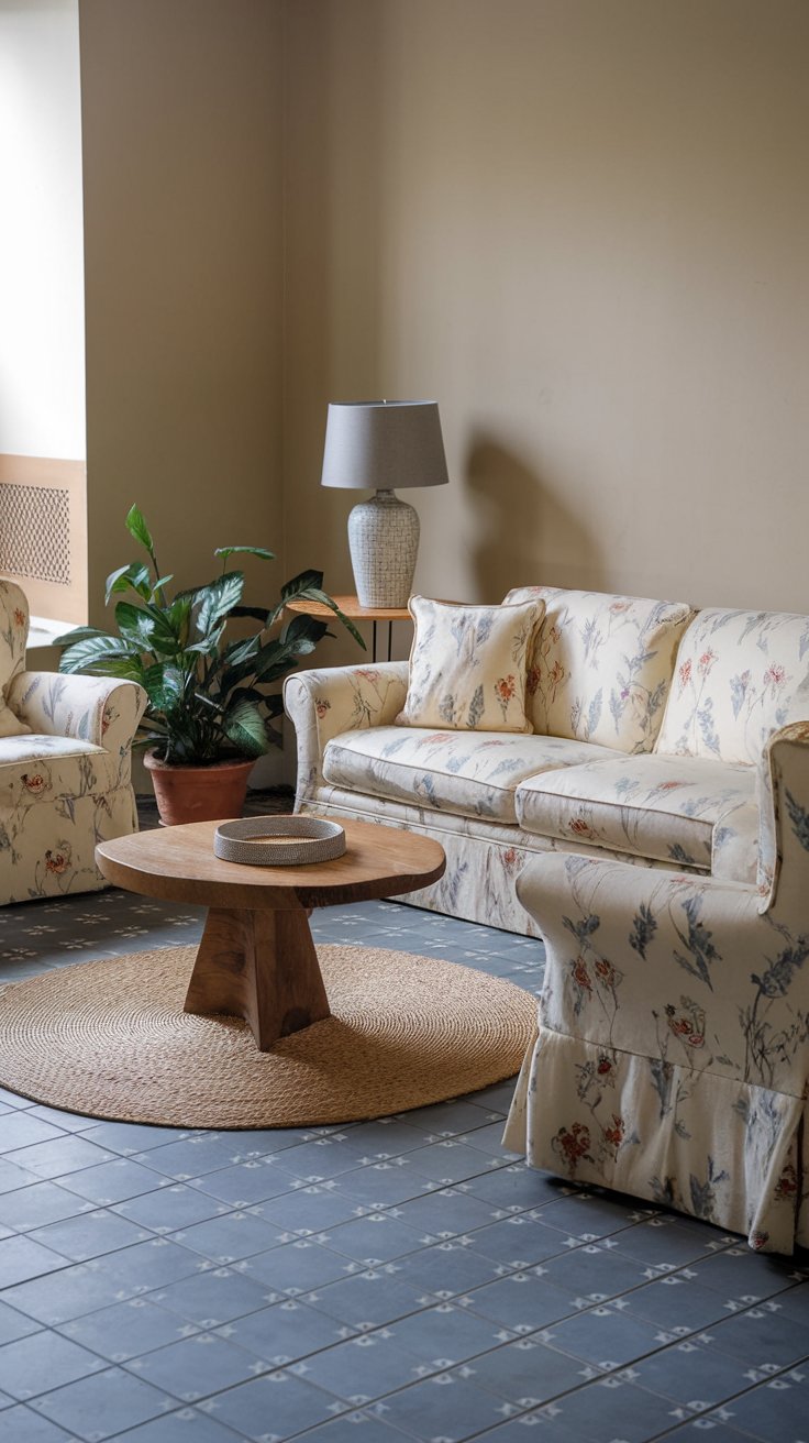 A photo of a cottagecore living room with grey patterned floor tiles. There's a beige sofa with floral patterns and a few matching cushions. A wooden coffee table with a round rug is placed in front of the sofa. A white lamp with a grey shade sits on the table. A potted plant is placed on the floor beside the table. There's a beige chair with a floral pattern in the corner. The walls are painted beige.