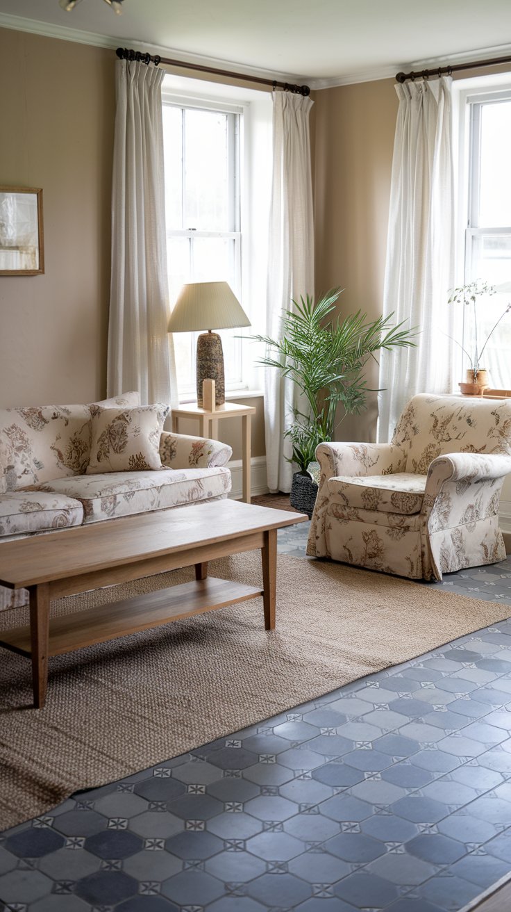 A photo of a cottagecore living room with grey patterned floor tiles. There's a beige sofa with floral patterns and a matching armchair. There's a wooden coffee table in the middle of the room. A beige rug covers the floor. A potted plant stands near the window. A lamp with a beige shade sits on a white stand near the sofa. The walls are painted beige. There are white curtains at the window.
