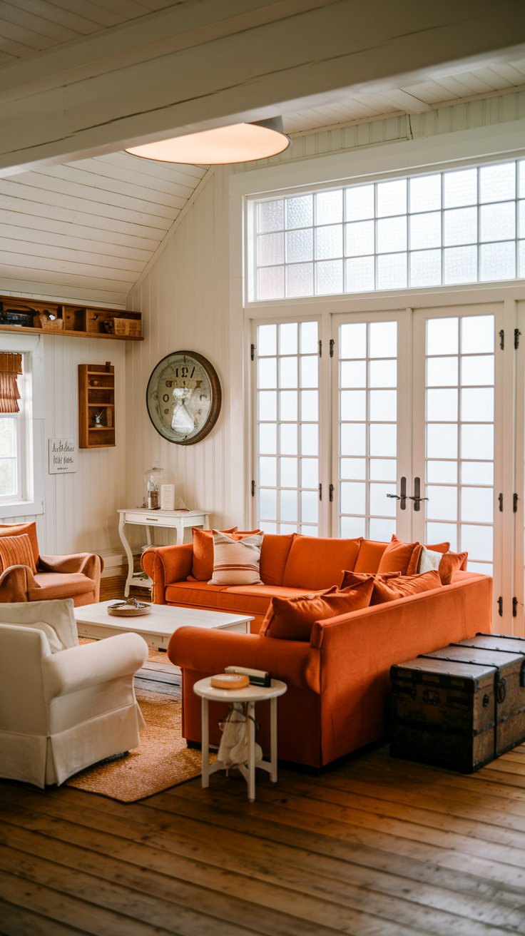 A photo of a cozy farmhouse living room with a warm white and burnt orange color scheme. There's a large burnt orange sofa with white cushions, a white armchair, and a few orange throw pillows. There's a white coffee table in the middle of the room. A vintage wooden trunk is placed near the sofa. The room has a wooden floor. The walls have a few decorative items, including a wooden shelf with a few items, a large wall clock, and a small white table. The room has a large window with frosted glass, and a set of french doors with frosted glass. The window and doors have white frames. The room is lit by a large overhead light fixture.