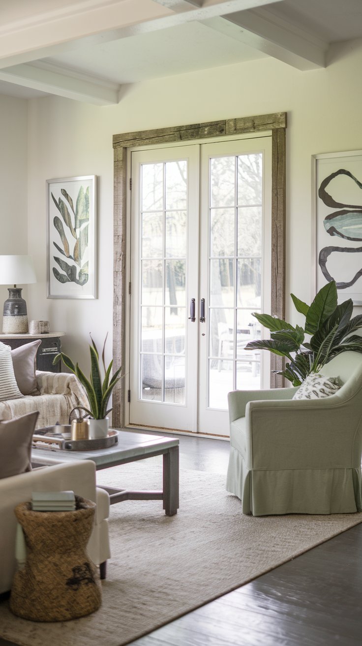 A photo of a crisp white-sage green modern farmhouse living room with French doors framed with reclaimed wood for a rustic aesthetic. The room has a sofa, a chair, a coffee table, and a plant. The walls are decorated with artwork. There is a rug on the floor. The room has a few accessories, such as a lamp and a vase. The French doors lead to an outdoor area.
