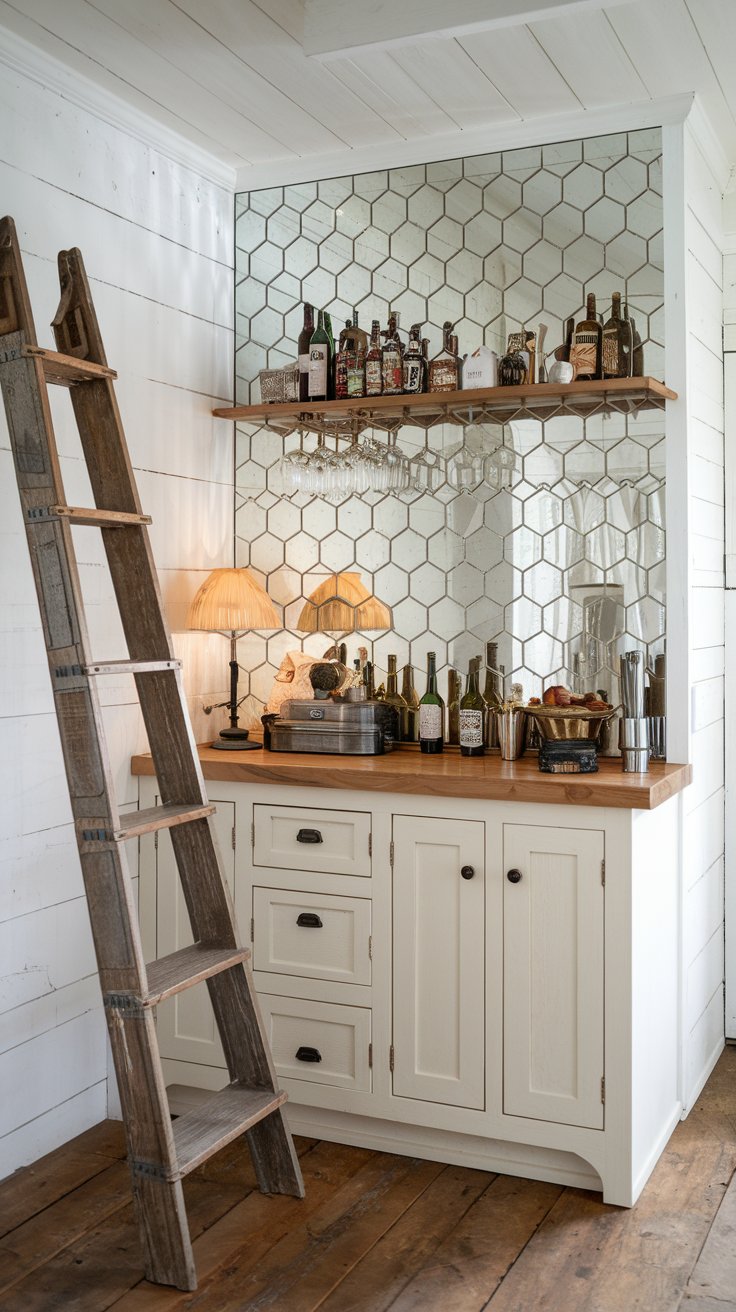 A photo of a dry bar area in a farmhouse kitchen. The bar area has a mirrored backsplash with a hexagonal pattern. There is a vintage wooden ladder leaning against the wall. The floor is made of wood. There are various bottles and a lamp on the bar. The overall style of the kitchen is rustic and has a vintage touch.