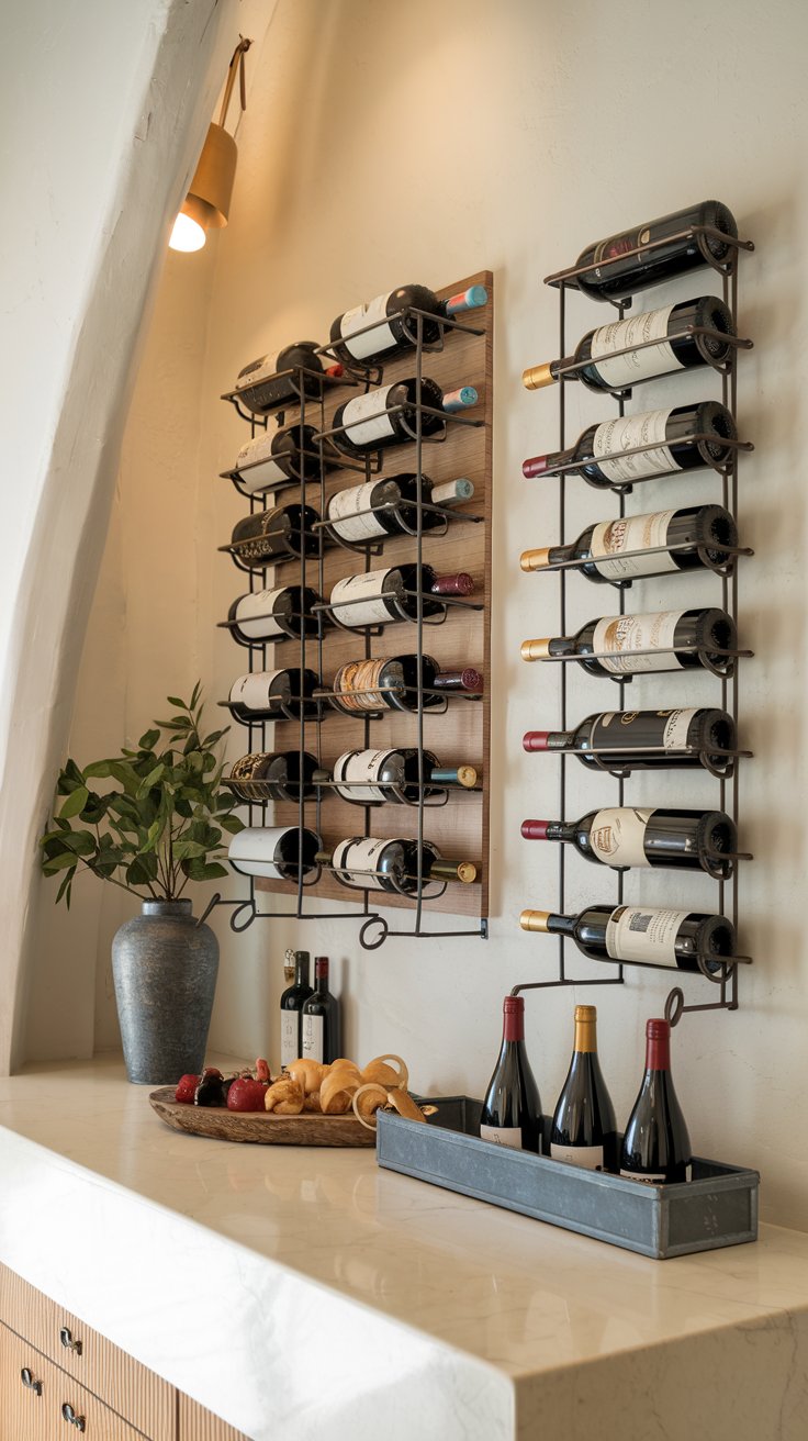 A photo of a dry bar area near a boho dining area. There's a wine rack with a wine collection. The wine rack is either wall-mounted, or placed on the countertop. The wine rack is made of wood or metal.