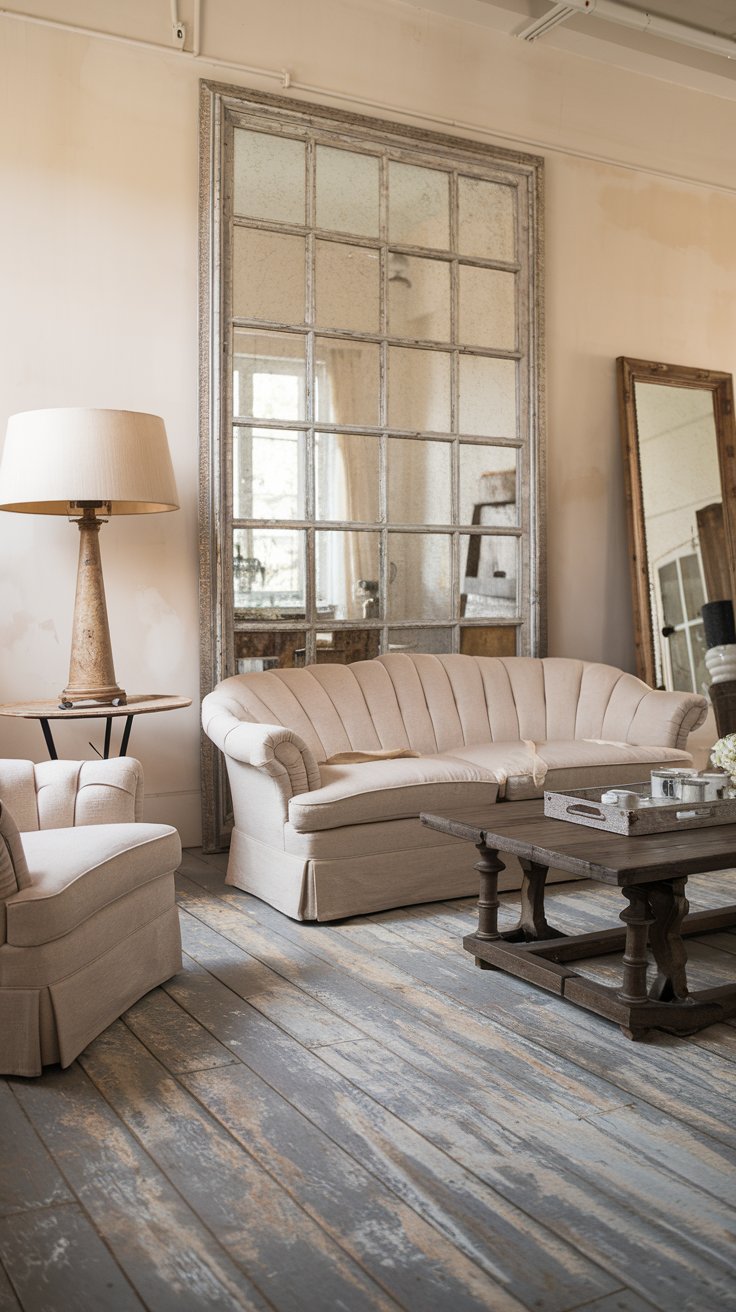 A photo of a farmhouse chic living room. There's a grey-washed hardwood floor with a rustic, weathered look. The room has a beige sofa with flared arms and a dark wooden coffee table. There's a large, ornate mirror above the sofa. A vintage lamp with a beige shade is placed on the floor. The walls are painted a light, warm hue.