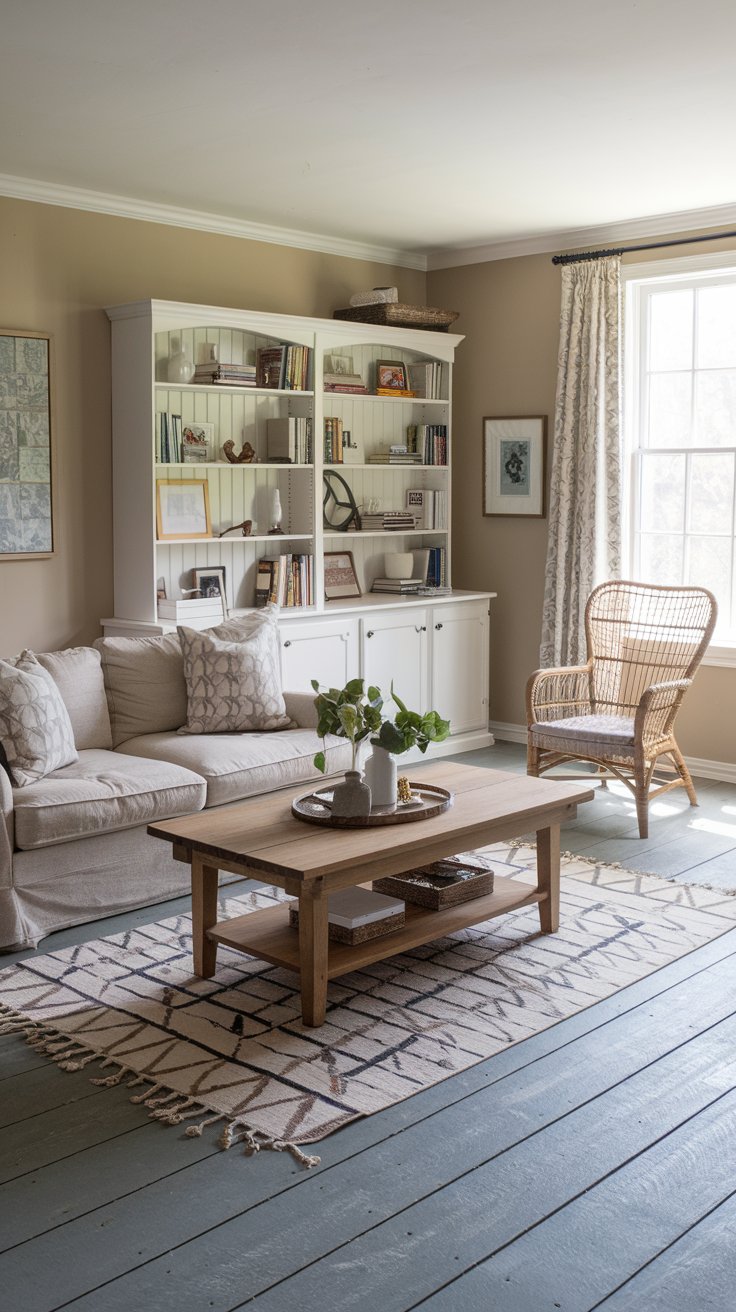 A photo of a farmhouse chic living room with a grey-washed hardwood floor. There's a beige sofa with patterned cushions and a wooden coffee table in the middle of the room. A white bookshelf is against the wall, filled with books and decorative items. A rattan chair is placed near the window. The room has a rug with a geometric pattern. The walls are painted beige.