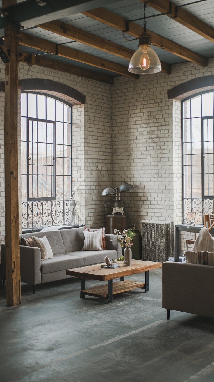 A photo of a farmhouse industrial living room with grey concrete flooring. The room has a sleek, industrial vibe with exposed brick walls, wooden beams, and a vintage light fixture. There is a grey sofa, a wooden coffee table, and a few decorative items. The room has large windows with iron bars.