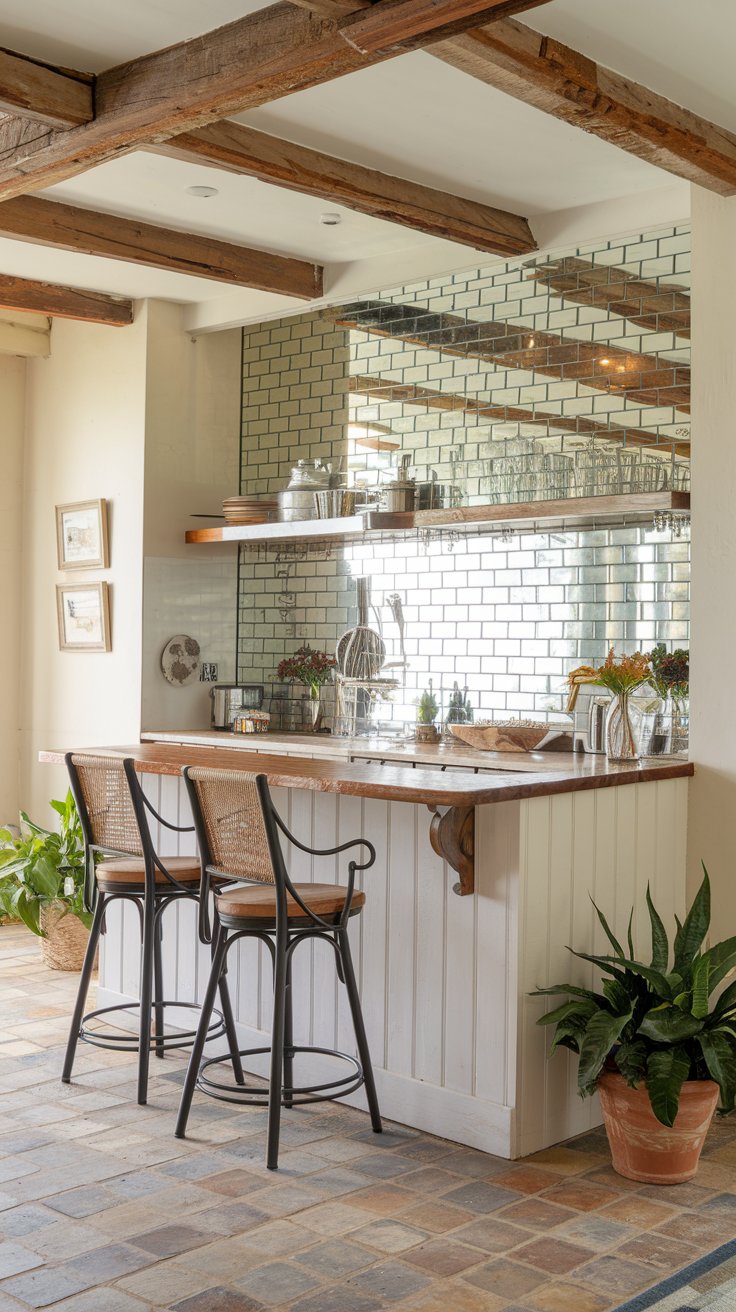 A photo of a farmhouse kitchen with a dry bar area. The kitchen has a mirrored backsplash with a classic subway tile pattern. There is a wooden countertop and a few bar stools. The walls have exposed wooden beams. The floor is made of ceramic tiles. There are potted plants near the bar area.