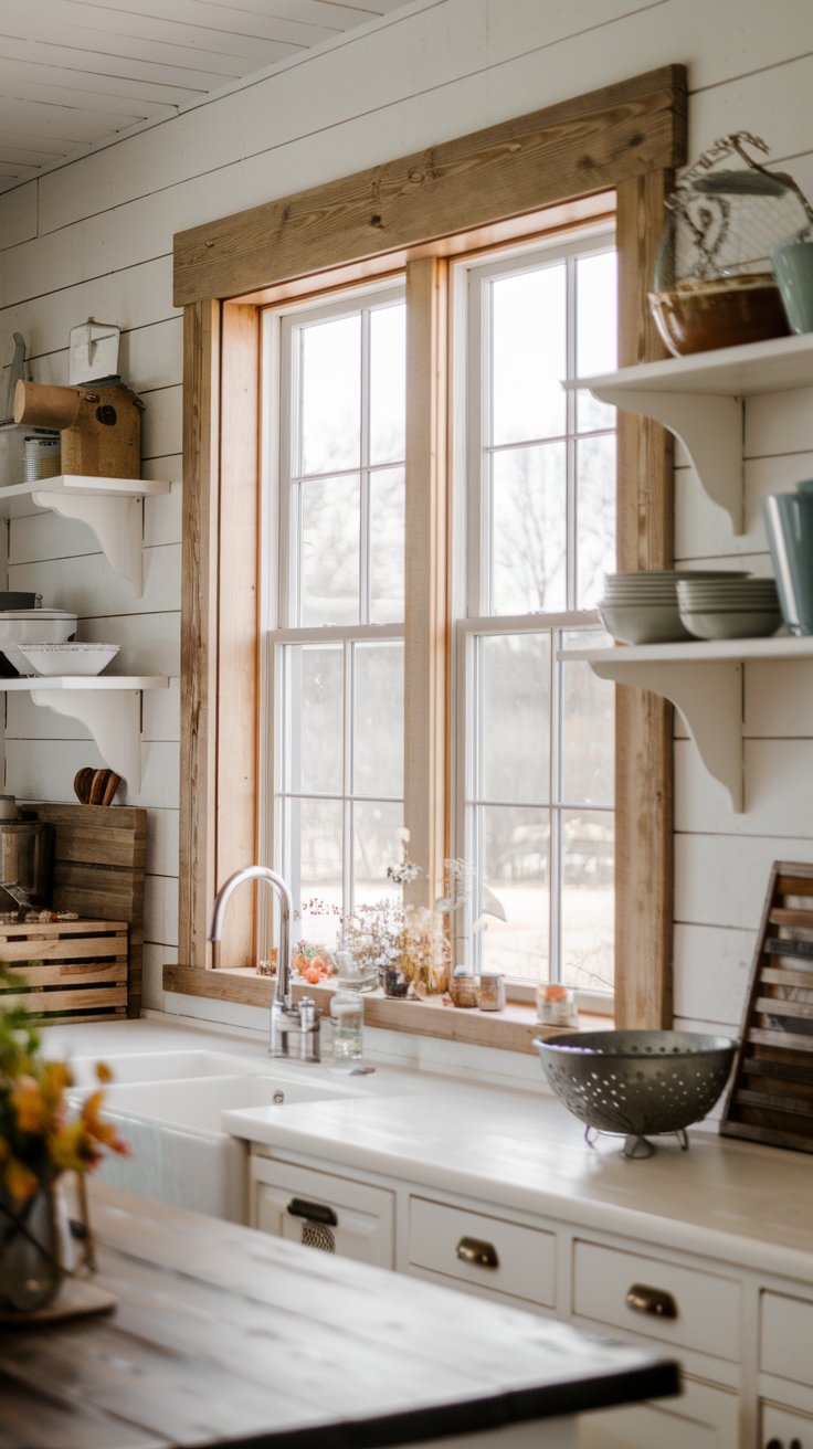 A photo of a farmhouse kitchen with a rustic feel. There is a large window with wide farmhouse-style wood trim. The walls are made of natural wood planks, known as shiplap. The kitchen has a neutral color scheme. There are vintage décor items, such as a wooden crate and a metal colander.