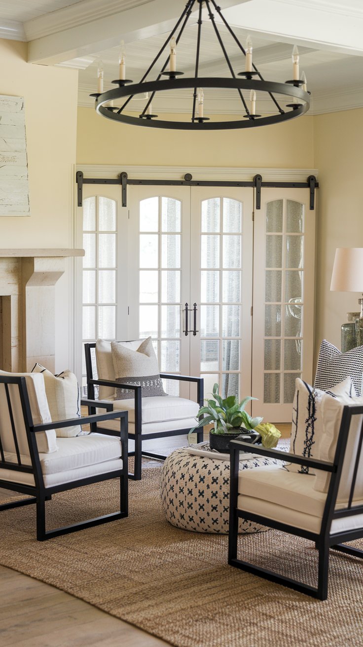 A photo of a farmhouse living room with a cream-colored wall and a natural jute rug. There are black-framed accent chairs and throw pillows with various patterns. The room has a fireplace with a mantel. The focal point is a black iron chandelier. The room has french doors with black iron hardware.