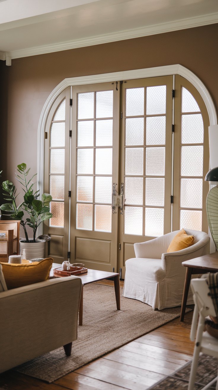 A photo of a farmhouse living room with a taupe-colored wall and mustard yellow accents. The room features a vintage-style grid pattern on the glass panels of the french doors. There is a beige sofa, a white chair, a wooden coffee table, and a potted plant in the room. The floor is made of wood.