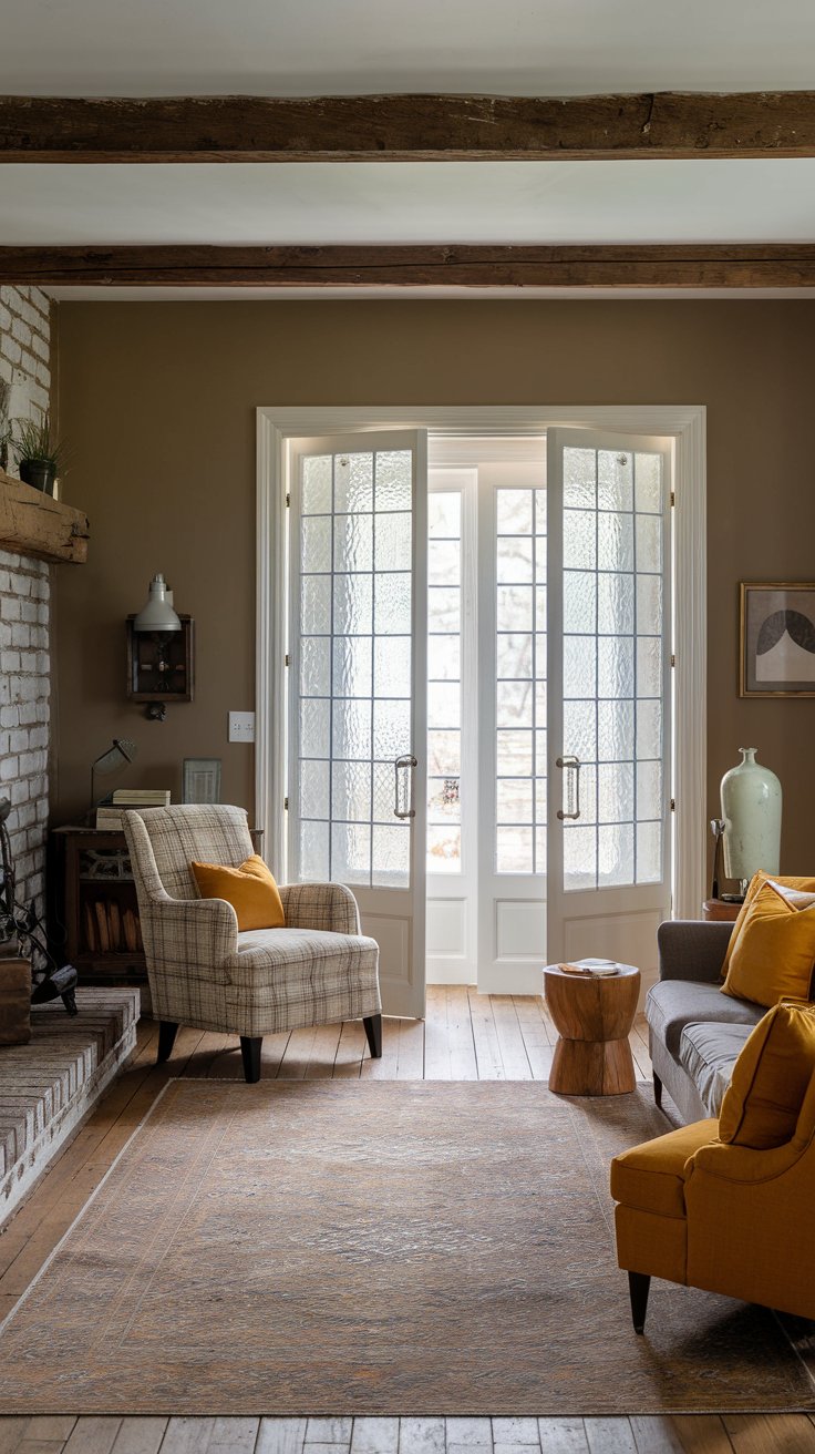 A photo of a farmhouse living room with a taupe-colored wall and mustard yellow accents. There's a vintage-style grid pattern on the glass panels of the French doors. The room has a rustic charm with wooden beams and a brick fireplace. A plaid armchair, a wooden stool, and a vintage-style lamp add to the room's charm. A large, patterned rug covers the wooden floor.