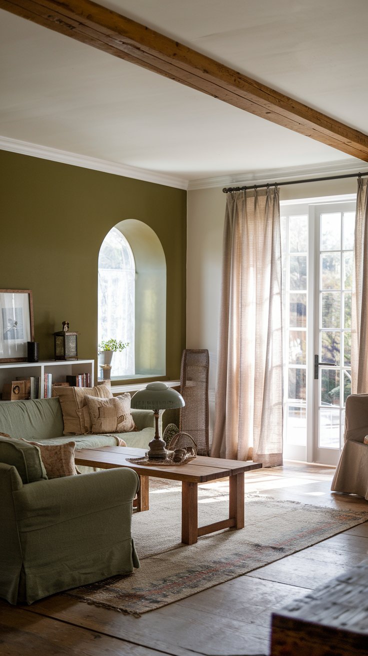 A photo of a farmhouse living room with an olive green accent wall. There's a cozy seating area with a sofa and a chair. A wooden coffee table is placed in front of the sofa. There's a vintage lamp and a decorative item on the coffee table. The room has a rug. A bookshelf is placed against the green wall. The room has a wooden beam ceiling. The room has a sheer linen curtain covering a French door. The door leads to an outdoor area. The room has natural light.