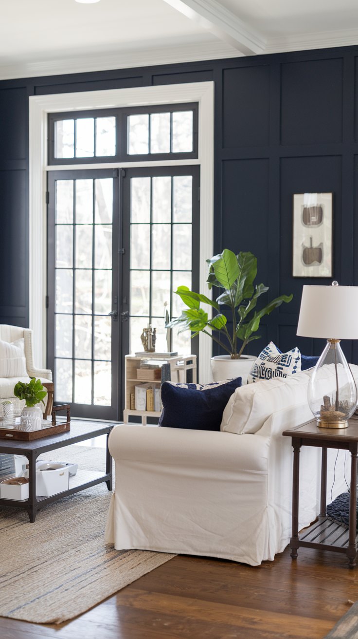 A photo of a farmhouse living room with navy blue walls, white furniture, and dark walnut accents. The room has an oversized French door, a sofa, a coffee table, a lamp, and a plant. The floor is made of wood.