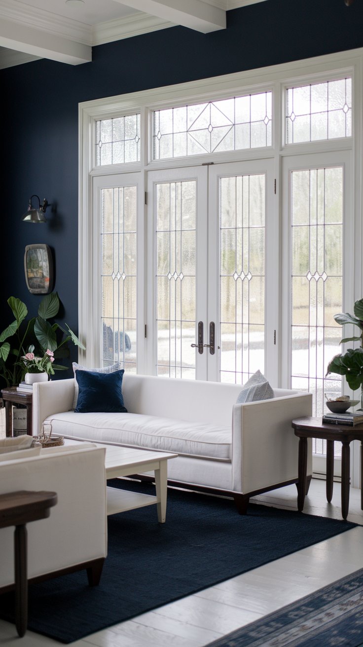 A photo of a farmhouse living room with navy blue walls, white furniture, and dark walnut accents. There is a white sofa with dark walnut legs, a white coffee table, and a dark walnut side table. There is a navy blue area rug on the floor. The room has oversized French doors with intricate glass designs. The doors lead to an outdoor space. The room has a few potted plants. The lighting is soft.
