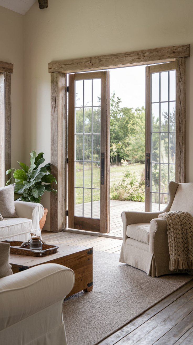 A photo of a farmhouse living room with rustic wood-framed French doors. The room has a neutral color palette with beige walls, a white sofa, a beige armchair, and a wooden coffee table. There is a chunky knit throw on the armchair and a potted plant near the French doors. The French doors lead to an outdoor space with a wooden deck and greenery. The floor is made of wooden planks.