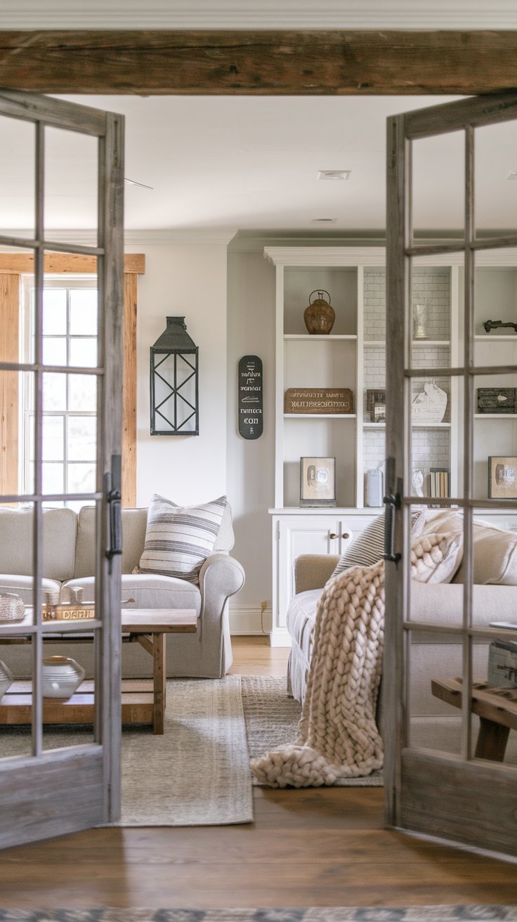 A photo of a farmhouse living room with rustic wood-framed French doors. The room has neutral furniture, including a beige sofa with a chunky knit throw. There's a wooden coffee table and a white bookshelf. The walls have a few items, including a lantern and a vintage sign. The floor is covered with a patterned rug.