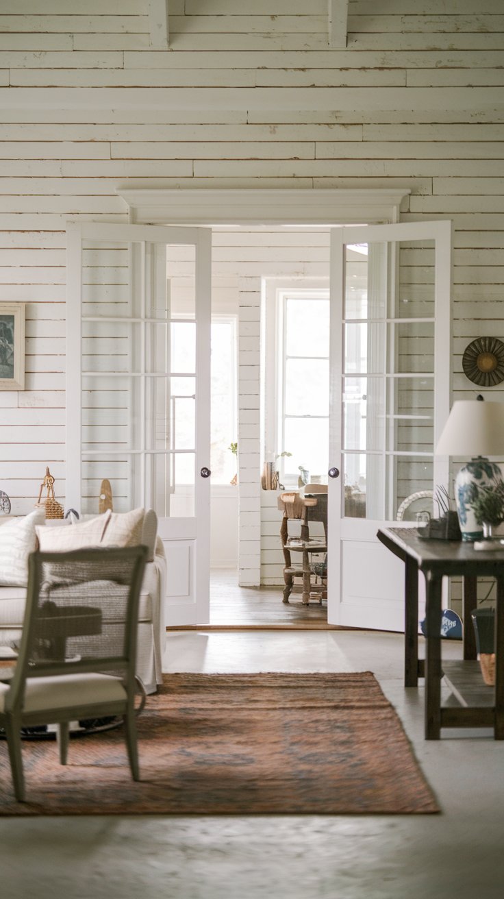 A photo of a farmhouse living room with white-painted French doors and shiplap walls. The room has a rustic charm with a few pieces of furniture, including a sofa, a chair, and a table. There's a rug on the floor and a lamp on the table. The room has a few decorative items.