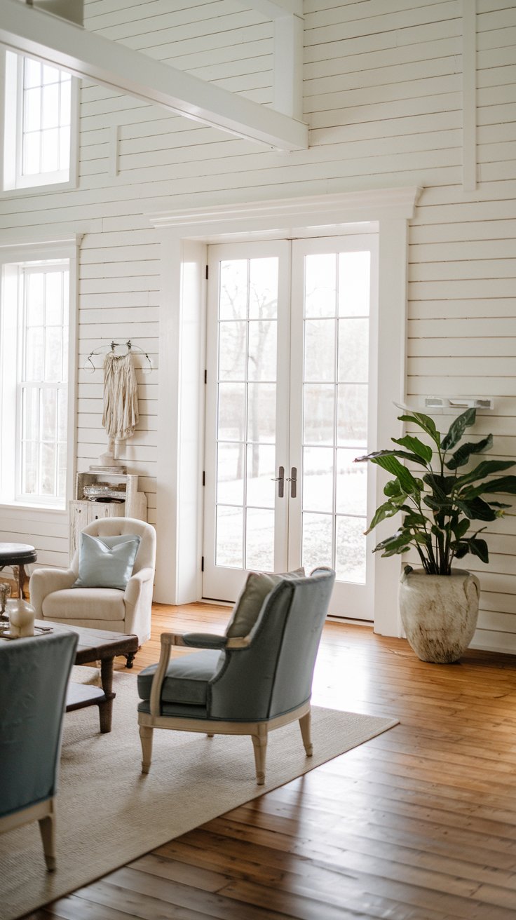 A photo of a farmhouse living room with white-painted French doors and shiplap walls. The room has a rustic charm with a comfortable sofa, a few chairs, and a coffee table. There's a large plant in a pot near the French doors. The room has a wooden floor.