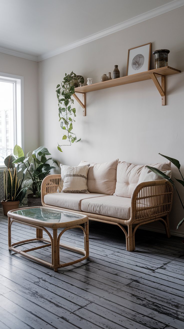 A photo of a Japandi-boho living room with grey-stained bamboo flooring. There is a beige sofa with a rattan base and a few pillows. There's a rattan coffee table in front of the sofa. There's a wooden shelf above the sofa, holding a few decorative items. The room has a few potted plants. The walls and the ceiling are painted white.