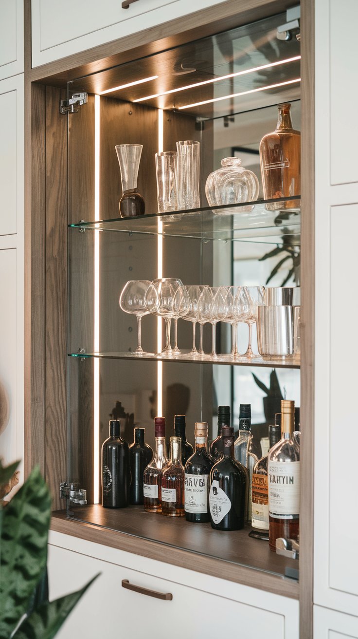 A photo of a Japandi dry bar area with a glass cabinet. The cabinet is a built-in option and is made of wood. It has a few shelves and is used to showcase a collection of glassware and liquor bottles. There are minimal LED strip lights installed on the cabinet, highlighting some of the favorite bottles. The background contains a plant and a few decorative items.