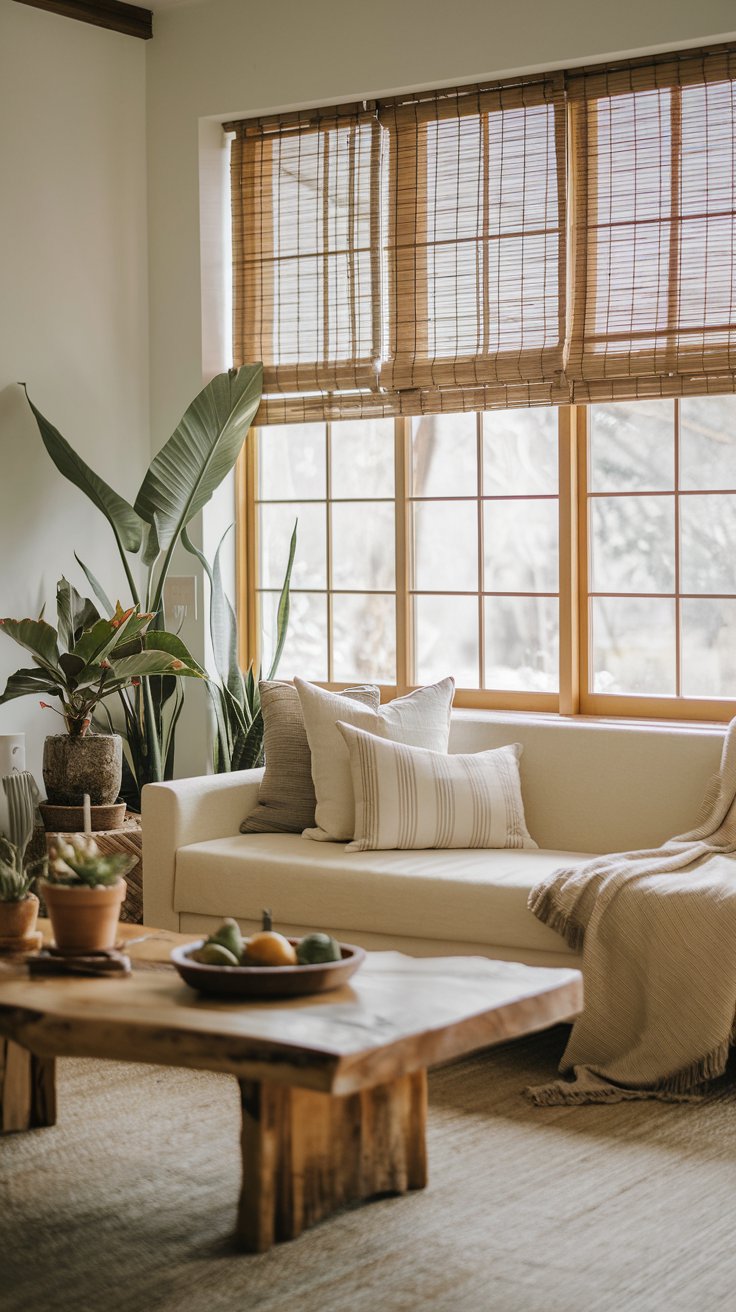 A photo of a Japandi-style living room with a beige sofa, a few plants, a wooden coffee table, and a bamboo window shade. The room has a natural, earthy feel with the beige and wooden elements. The bamboo window shade adds a touch of nature and complements the overall design.