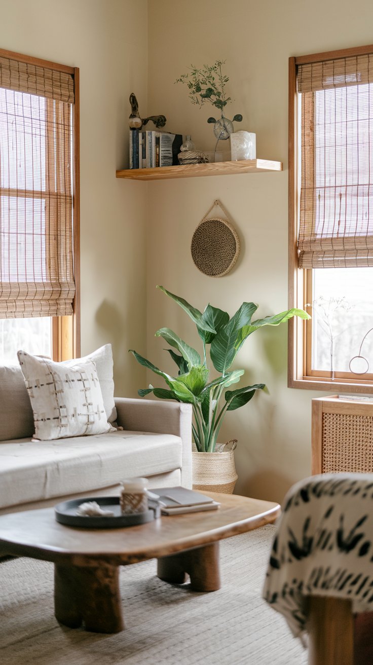 A photo of a Japandi-style living room with a charming atmosphere. The room has a sofa, coffee table, and a plant. There's a wooden shelf above the sofa with some decorative items. The walls are painted beige. The room has bamboo window shades that provide a natural, earthy feel.