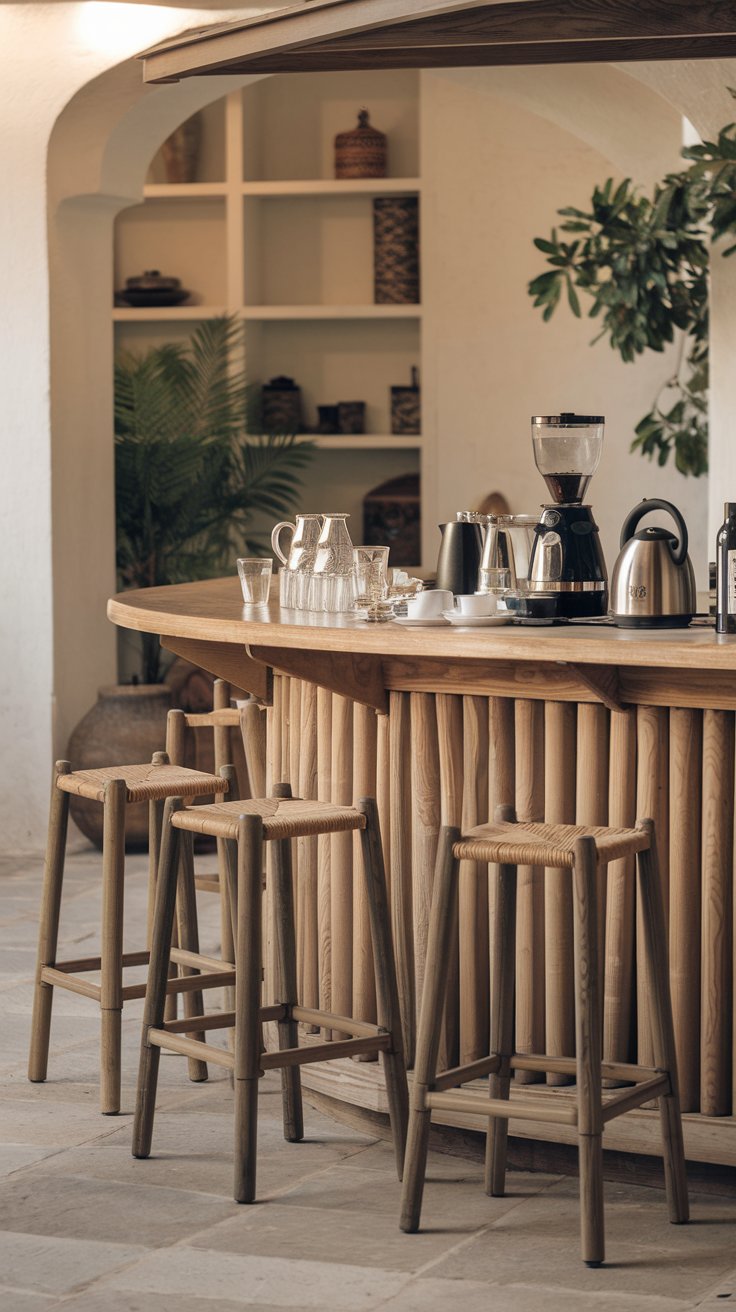 A photo of a Mediterranean dry bar area with a coffee station. There's a wooden bar with a few stools. On the bar, there are glasses, a coffee pot, a kettle, and a few bottles. The background reveals a room with shelves and a potted plant. The floor is tiled.