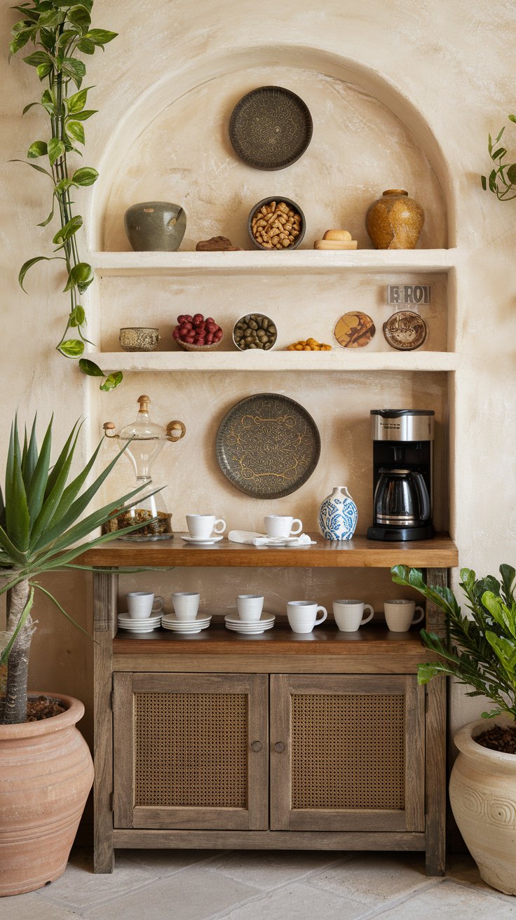 A photo of a Mediterranean dry bar area with a coffee station. There is a wooden coffee station with cups, a coffee maker, and a few decorative items. There are also some dry goods like olives, nuts, and spices on a shelf above the coffee station. The background has a few potted plants and a wall with a pattern. The overall scene has a warm and inviting atmosphere.