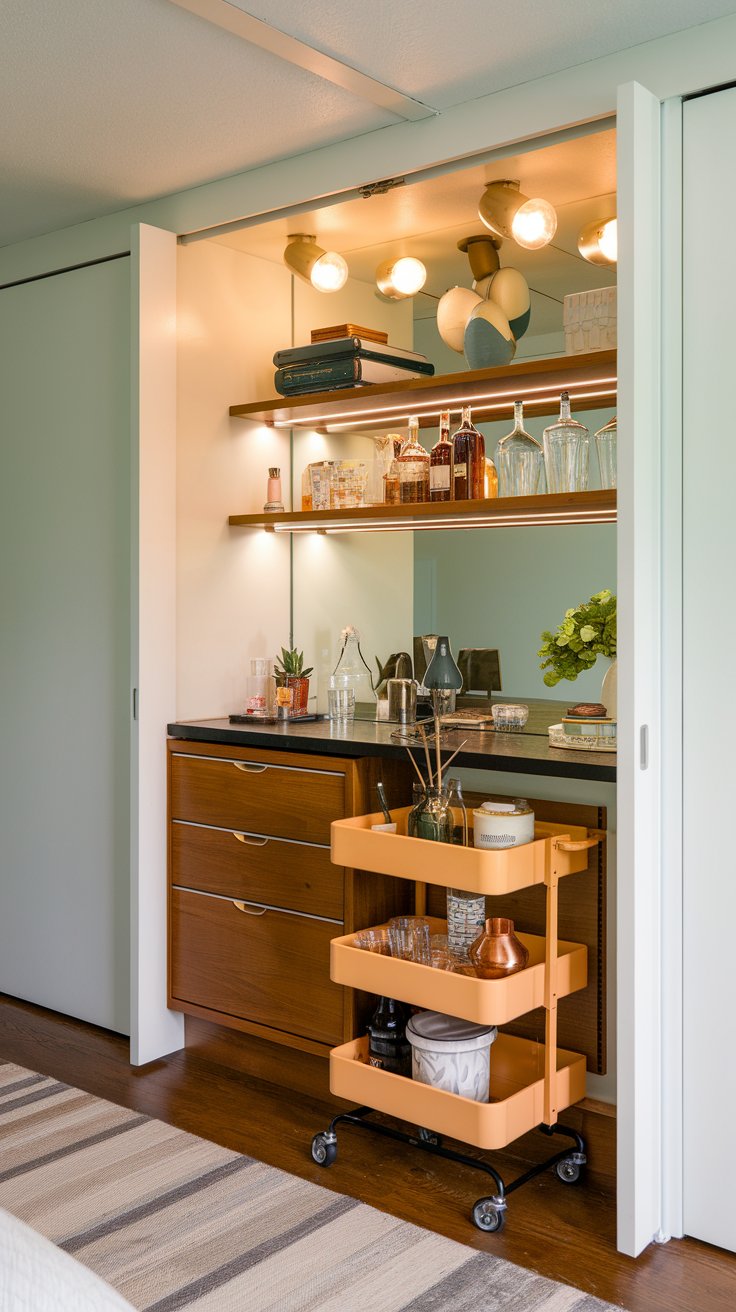 A photo of a mid-century modern closet converted into a dry bar area in a master bedroom. There's a small countertop for mixing drinks. Additional lighting has been added to brighten up the space. A rolling cart that fits inside the closet is also present.