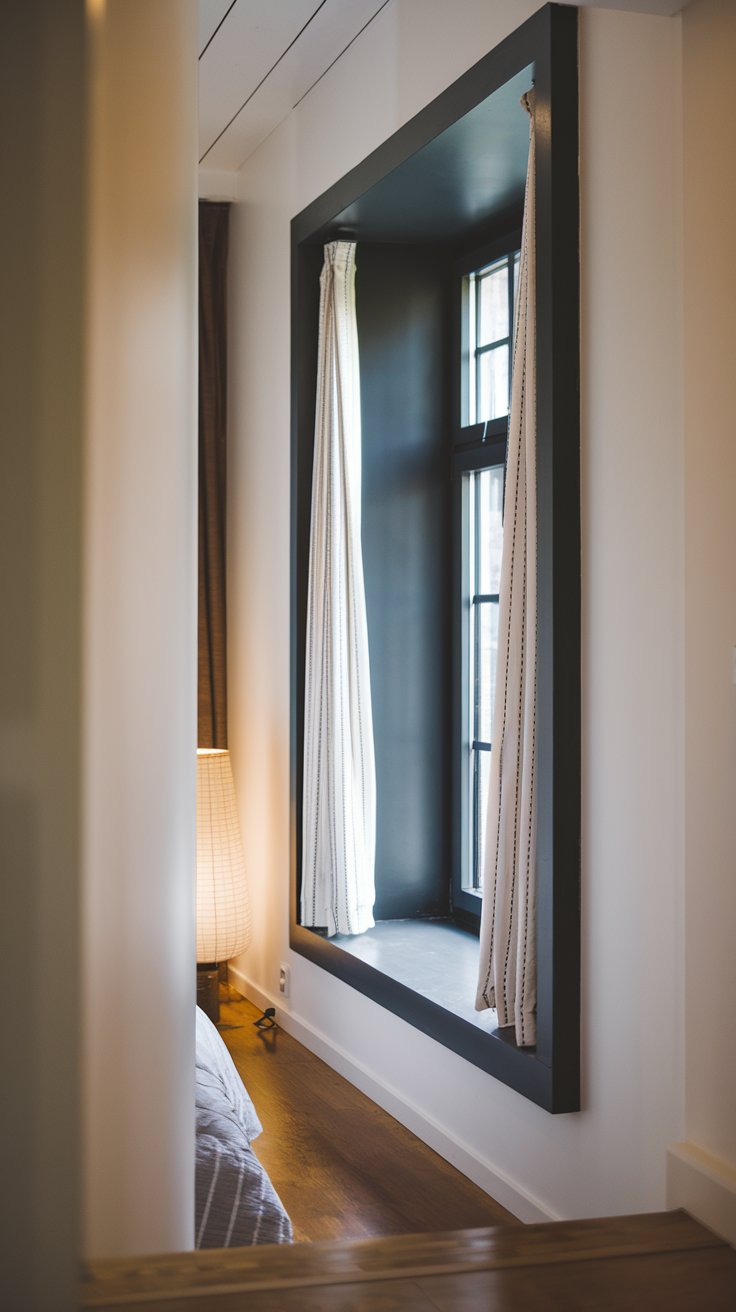 A photo of a mid-shot of a modern bedroom hallway with a black-painted window trim. The trim is bold and stands out against the white walls. The window has white curtains with a pattern. The floor is made of wood. There's a lampshade on the floor beside the window. The lighting in the room is soft.
