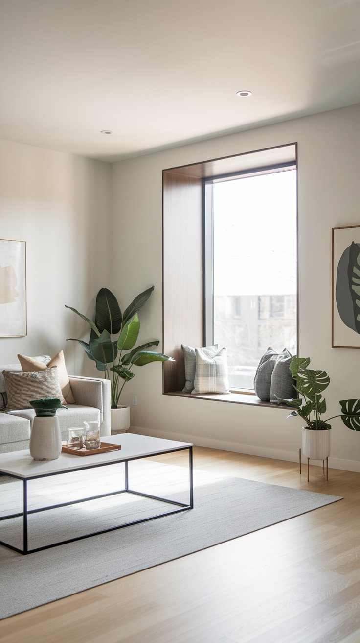 A photo of a modern family room with a window that has a minimal, flat trim for a sleek, contemporary style. The room has a comfortable sofa, a coffee table, and a few decorative items. The walls and the ceiling are painted white, and there are a few plants in the room. The floor is made of light wood. The window has a minimal, flat trim, and it provides natural light to the room.