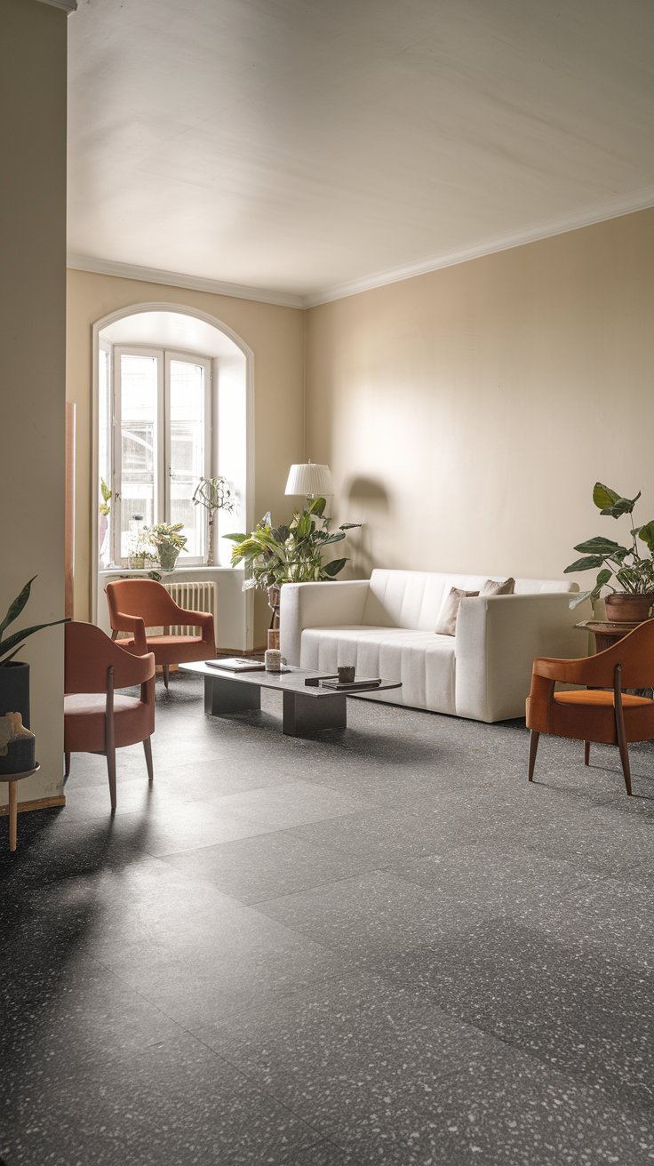 A photo of a modern living room with grey terrazzo flooring. The room has a white sofa and a few chairs. There's a coffee table in the middle of the room. The walls are painted in a light colour. There are some plants and a lamp near the window. The lighting is soft.