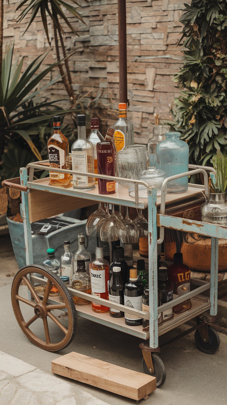 A photo of a rustic dry bar area with a repurposed vintage cart. The cart is filled with favorite bottles of alcohol, glassware, and accessories. There's a wooden plank on the ground beside the cart, placed diagonally. The background contains plants and a wall with brick texture.