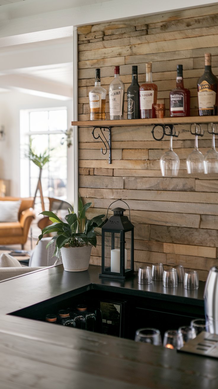 A photo of a rustic farmhouse dry bar area with a wood backsplash. The bar has a few bottles of alcohol and some glasses. There's a potted plant and a lantern on the bar. The background reveals a cozy living space with a sofa, a chair, and a table. The overall ambiance is warm and inviting.