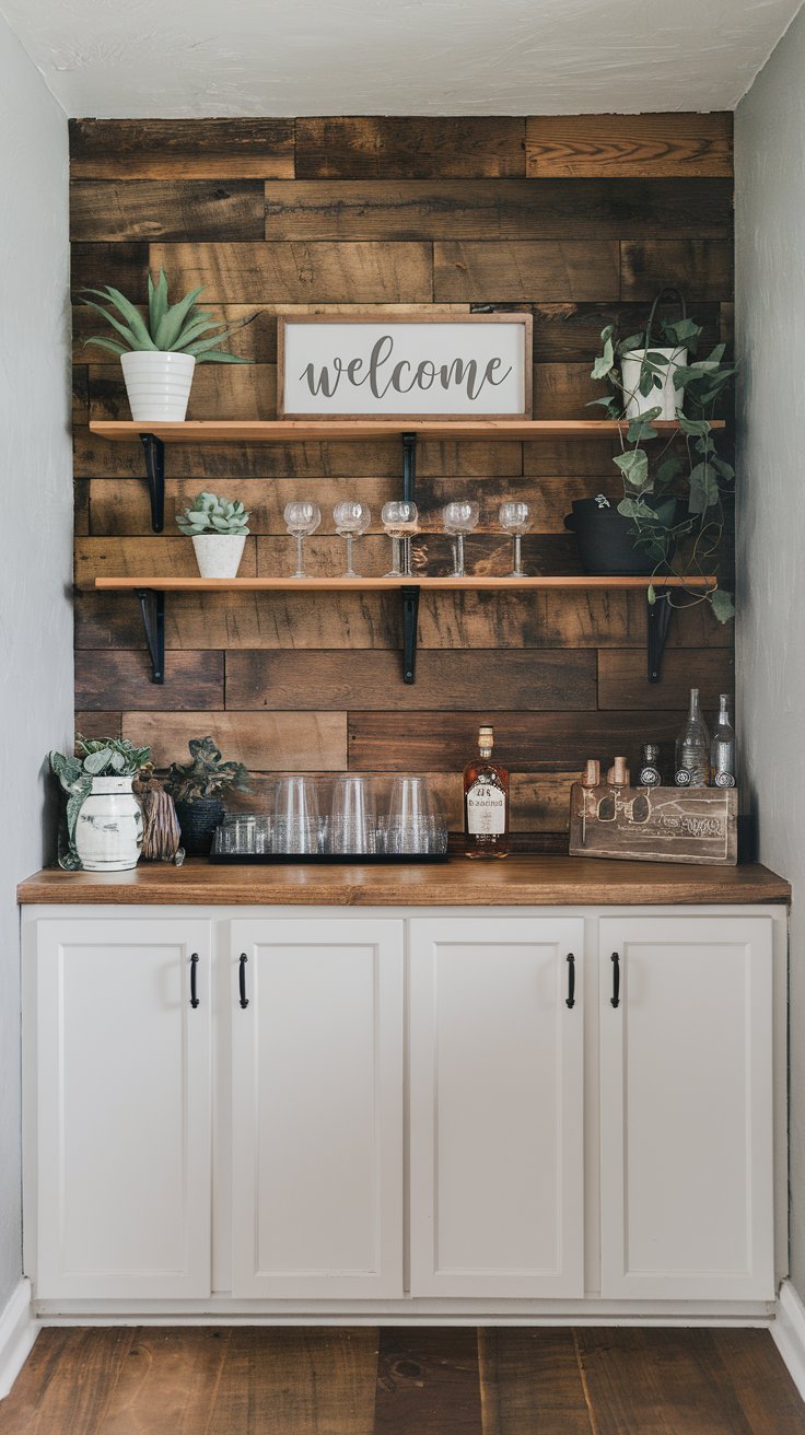 A photo of a rustic farmhouse dry bar area with a wood backsplash. The bar has a few glasses and a bottle of liquor on it. There are also some potted plants and a sign that says "Welcome". The wall behind the bar has a wood backsplash. The floor is made of wood. The lighting is soft.
