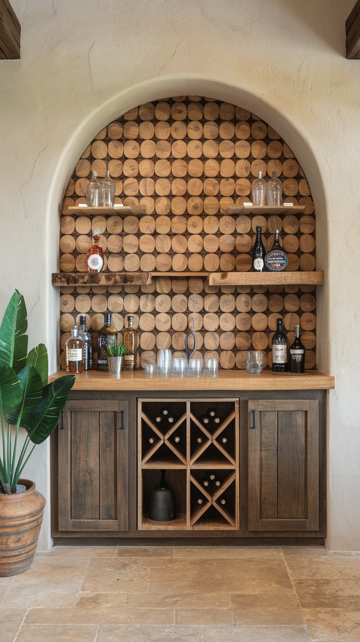 A photo of a rustic farmhouse-style dry bar area with a wood backsplash. The bar has a few bottles of liquor and some glasses. There's a potted plant next to the bar. The wall behind the bar has a wood backsplash with a pattern of circles. The floor is made of beige tiles.