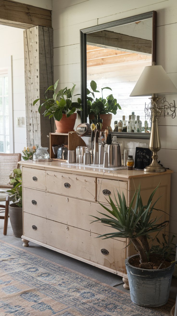 A photo of a rustic farmhouse with a dry bar area. There is an old dresser transformed into a bar with bar tools and other essentials. The dresser has a mirror above it. There are potted plants and a lamp next to the bar. The background has a patterned rug and a chair.