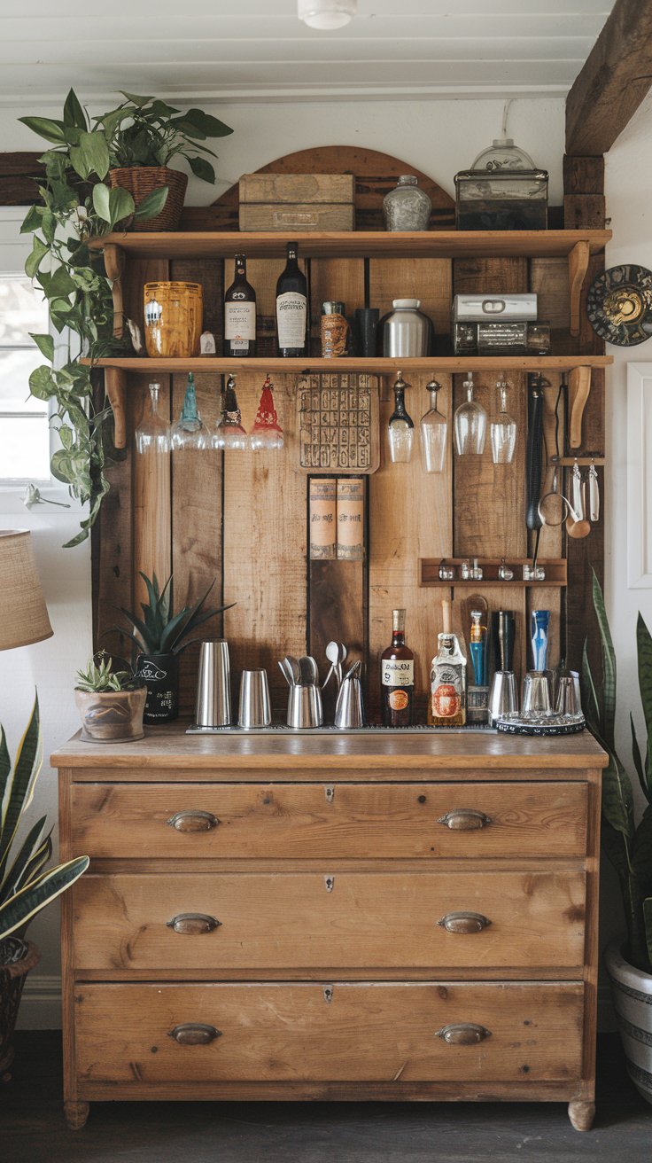 A photo of a rustic farmhouse with an old dresser transformed into a dry bar area. The dresser has a variety of bar tools and other essentials. There is a wooden shelf above the dresser with more items. The background contains a few plants and a lamp.