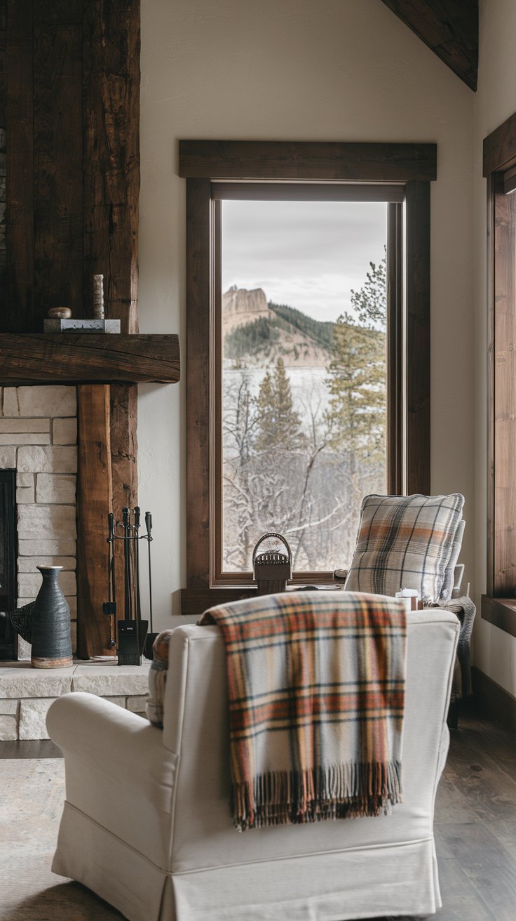 A photo of a rustic living room with a dark wood fireplace surround and a window with dark wood trim against light-colored walls. The room has a plaid blanket draped over the back of a chair and a few decorative items. The room has a mountain view with trees and a rock formation.