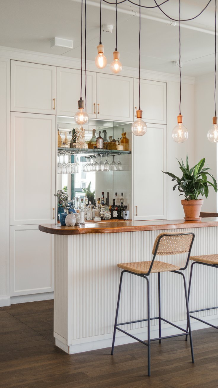A photo of a Scandinavian dry bar area with hanging pendant lights. The bar has a wooden countertop and is illuminated by multiple hanging pendant lights. There are white cabinets behind the bar, and a potted plant is placed on the countertop. The floor is made of dark wood.