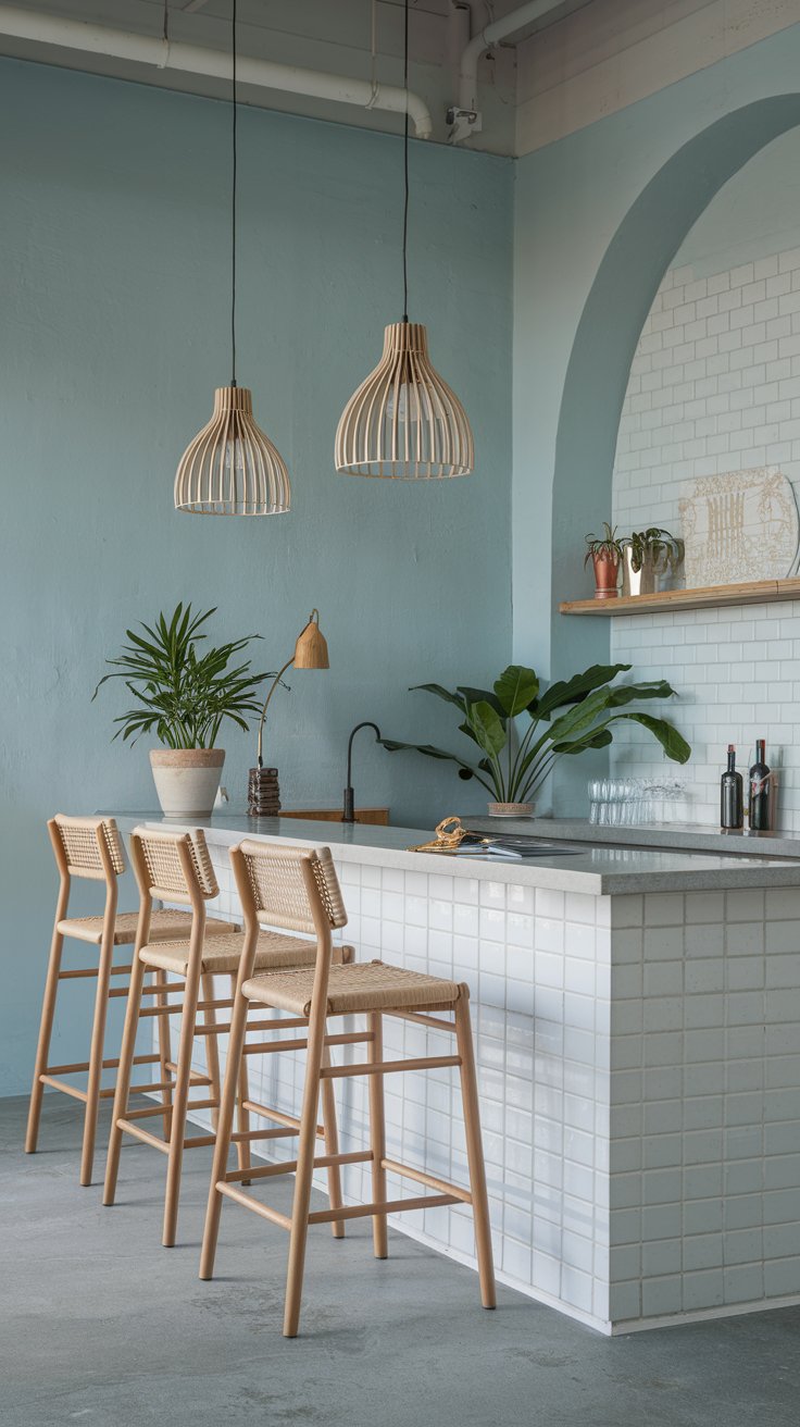 A photo of a Scandinavian dry bar area with hanging pendant lights. The bar area has a white countertop and a few barstools. There are potted plants and a few decorative items on the countertop. The walls are painted in a light blue hue. The hanging pendant lights have a wooden structure and are suspended above the bar area. The floor is made of grey concrete.
