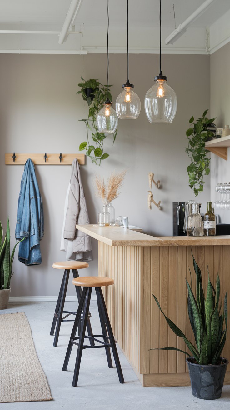 A photo of a Scandinavian dry bar area with hanging pendant lights. The bar area is furnished with a wooden bar counter, a few stools, and a few decorative items. The walls are painted in a light grey hue and have a few hooks for coats. There are also a few potted plants. The floor is covered with a beige rug. The hanging pendant lights are made of glass and have a simple design.