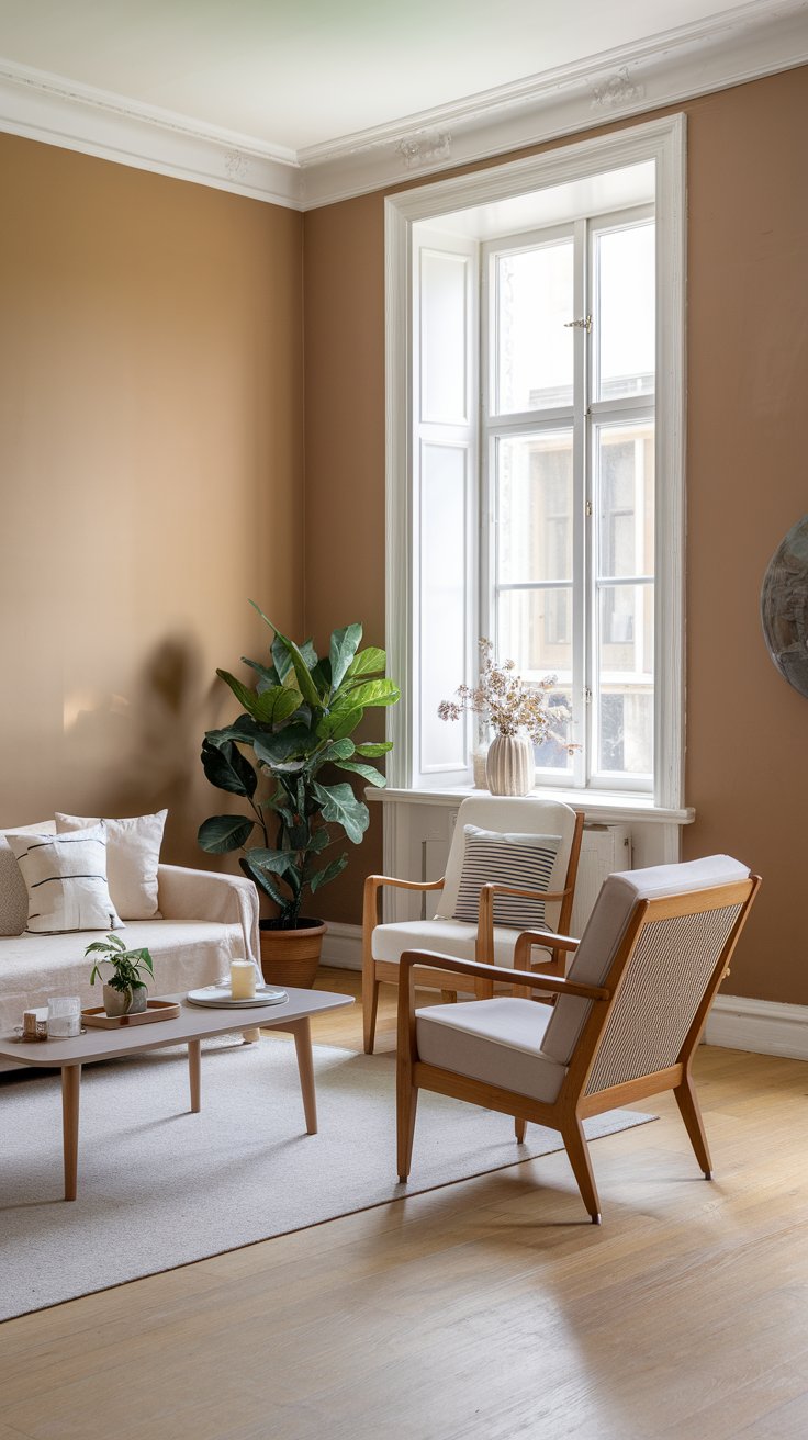 A photo of a Scandinavian-style living room with a white trim against a colored wall for a clean, classic look. The room has a sofa, a couple of chairs, a coffee table, and a plant. There's a window with white trim. The wall is painted in a warm beige hue. The floor is made of light wood.